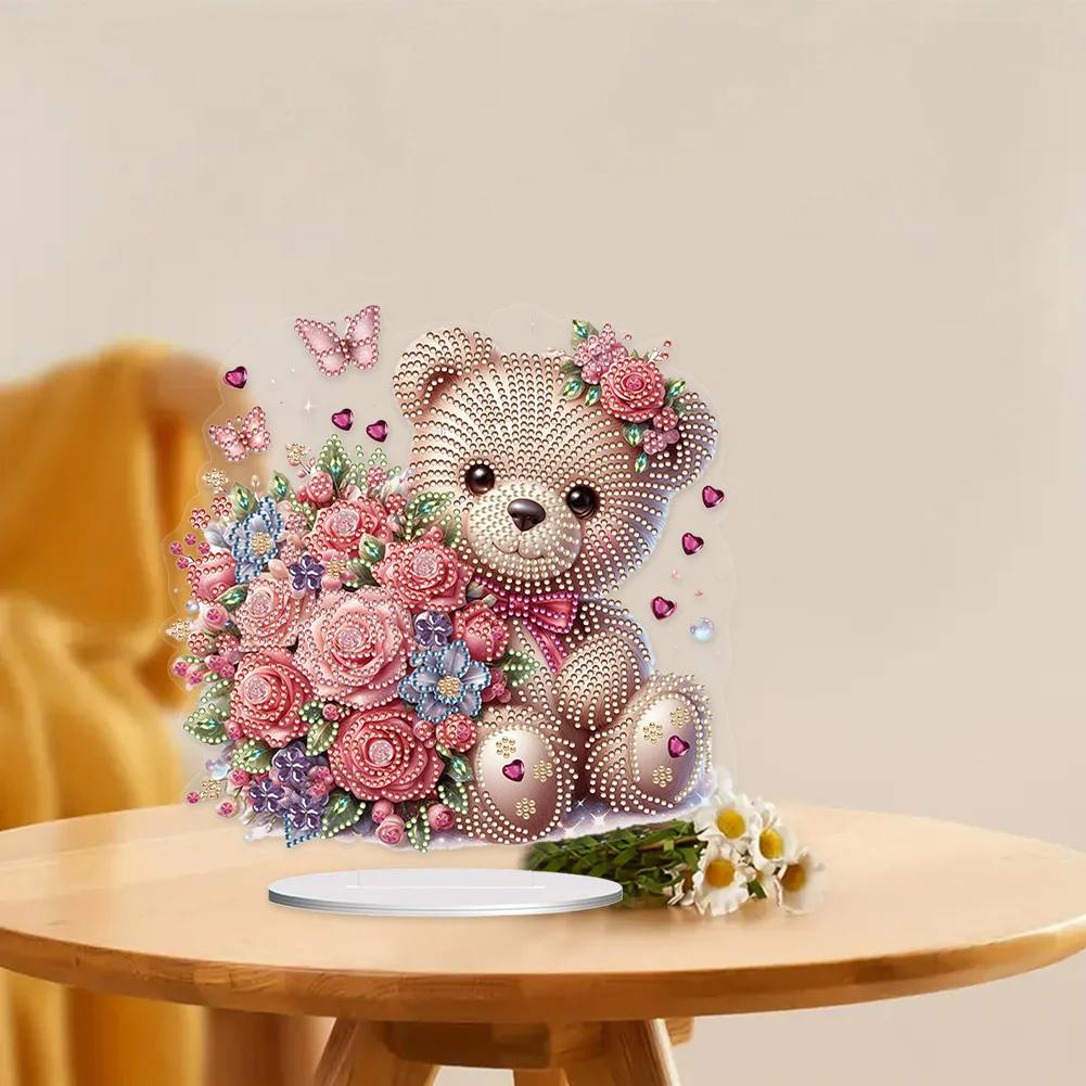 5D DIY Love Flower Bear Acrylic Single-Sided Diamond Painting Tabletop Ornament Kit for Office Desktop Decor