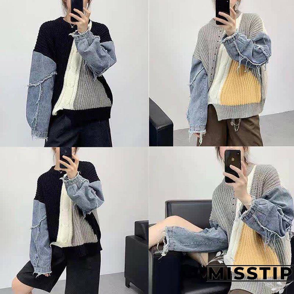 Denim Sleeve Colorblock Loose Round Collar Sweater