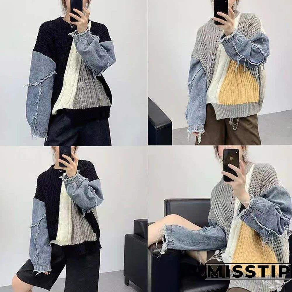 Denim Sleeve Colorblock Loose Round Collar Sweater