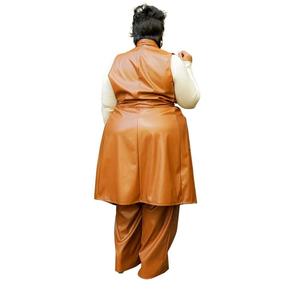 Pu Leather Women's Plus Size Sets Two Piece Set Winter Clothes Sleeveless Blazer and Pant Office Ladies Wholesale Dropshipping
