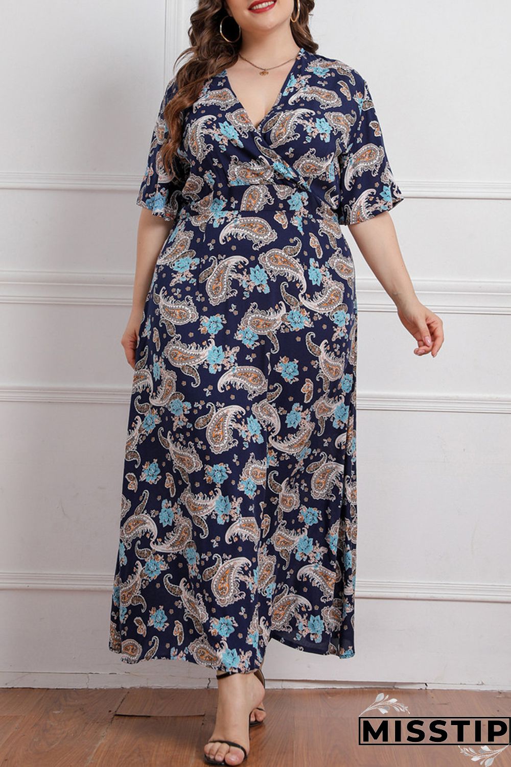 Deep Blue Fashion Casual Plus Size Print Patchwork V Neck Short Sleeve Dress