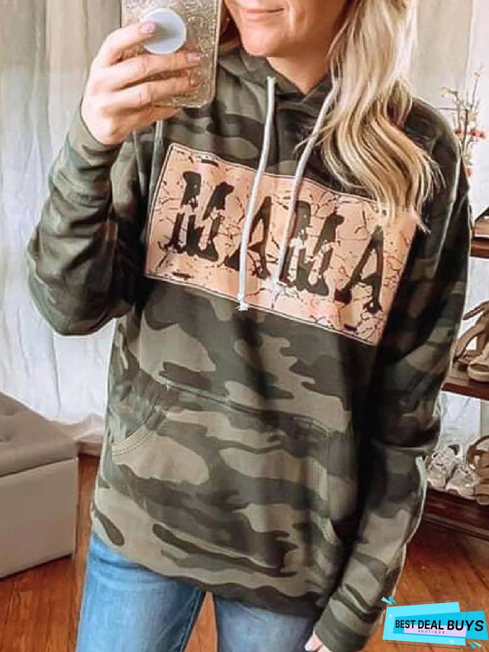 Camouflage Floral-Print Long Sleeve Cotton-Blend Hoodie Sweatshirt