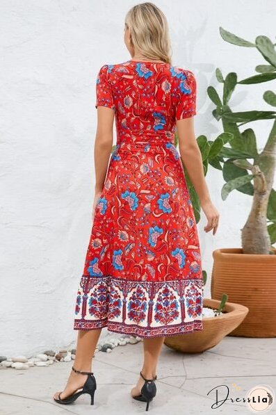 Printed Surplice Short Sleeve Dress