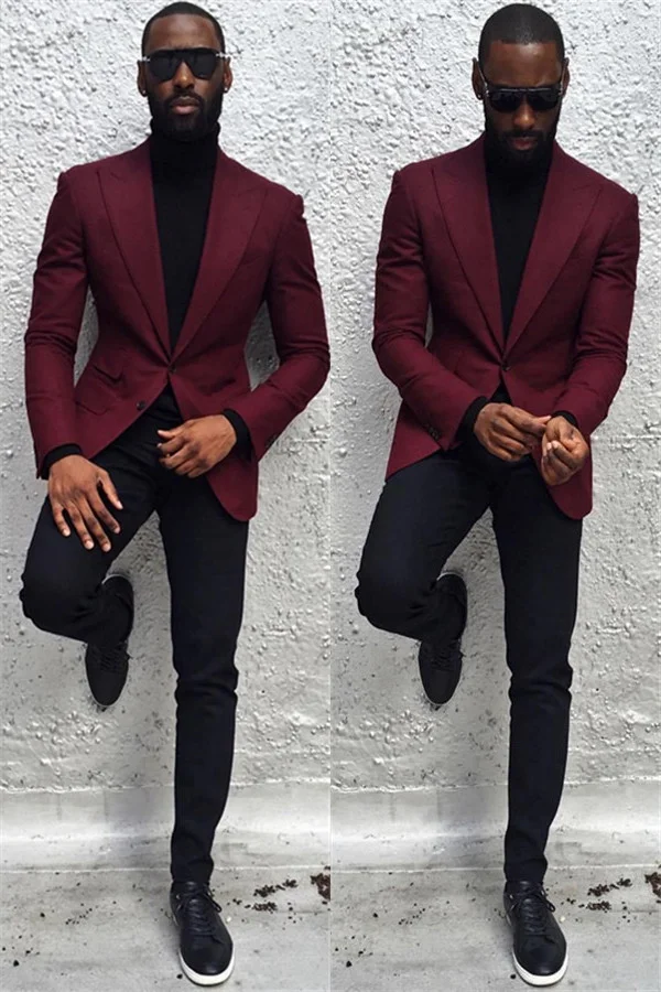 Elegant Fashion Party Classic Prom Suit For Guys Burgundy With Peaked Lapel Party