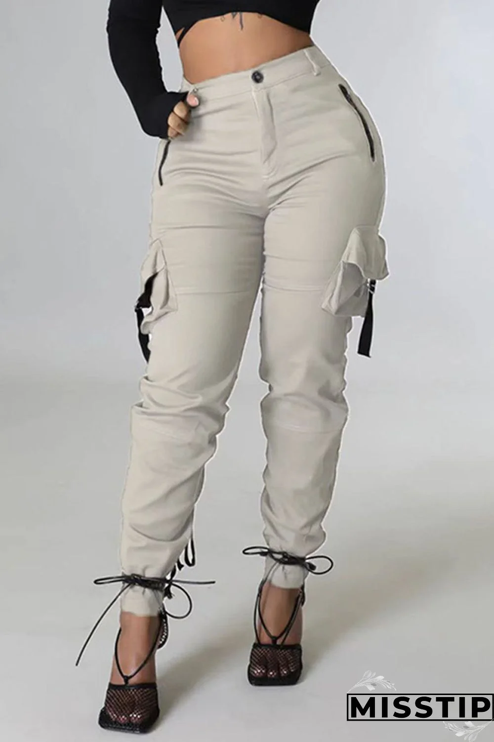 Grey Casual Solid Patchwork Draw String Pocket Regular High Waist Pencil Solid Color Bottoms