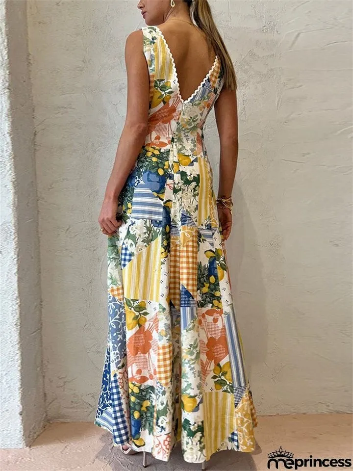 Women's Sunny Sexy Deep V Neck Backless Special Print Long Dress