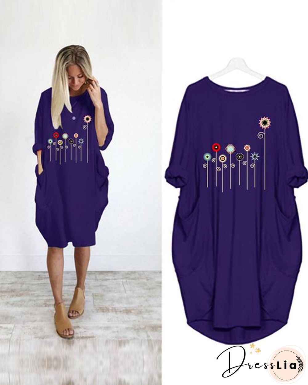 Flower Printed Casual Plus Size Midi Dress