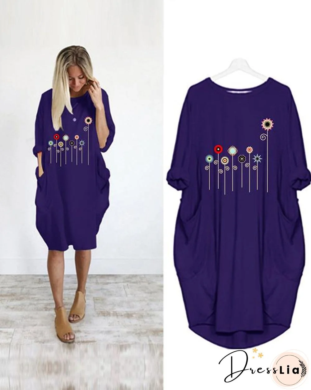 Flower Printed Casual Plus Size Midi Dress