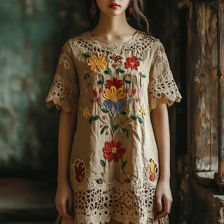 Cotton & Linen Floral Embroidered Halter Dress main image 0
