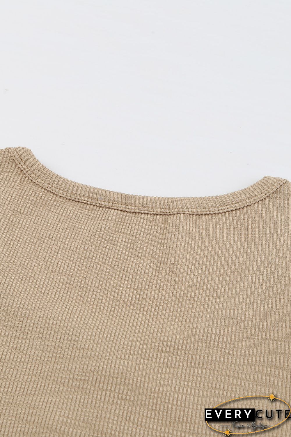 Khaki Crewneck Buttons Ribbed Knit Long Sleeve Top