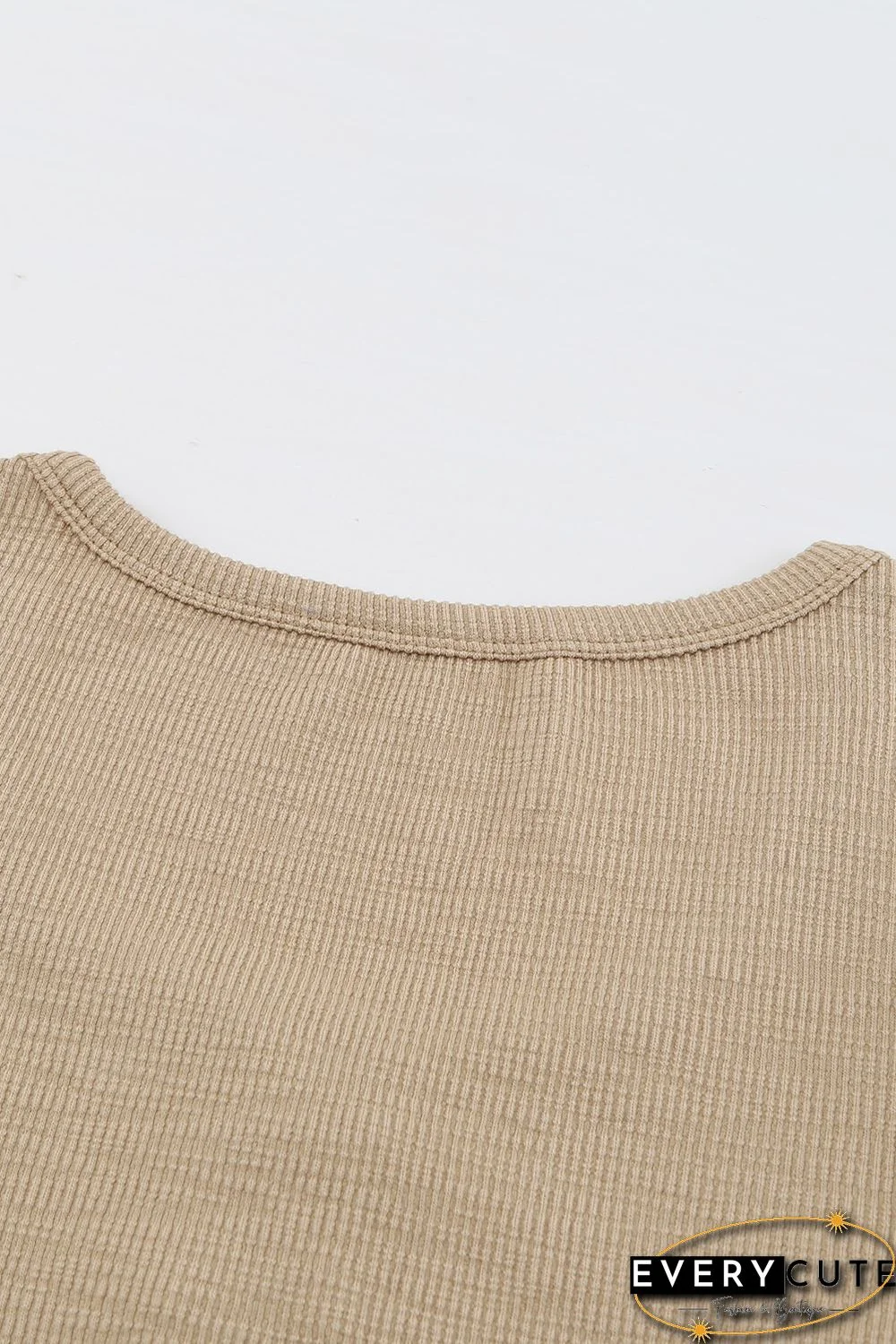 Khaki Crewneck Buttons Ribbed Knit Long Sleeve Top