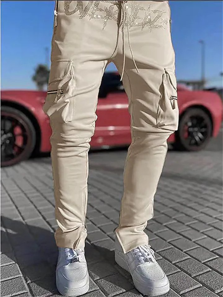 Men's Cargo Pants Trousers Elastic Waist Multi Pocket Hot Drilling Letter Breathable Soft Full Length Daily Streetwear Casual Hip Hop Black Khaki Micro-elastic / Drawstring