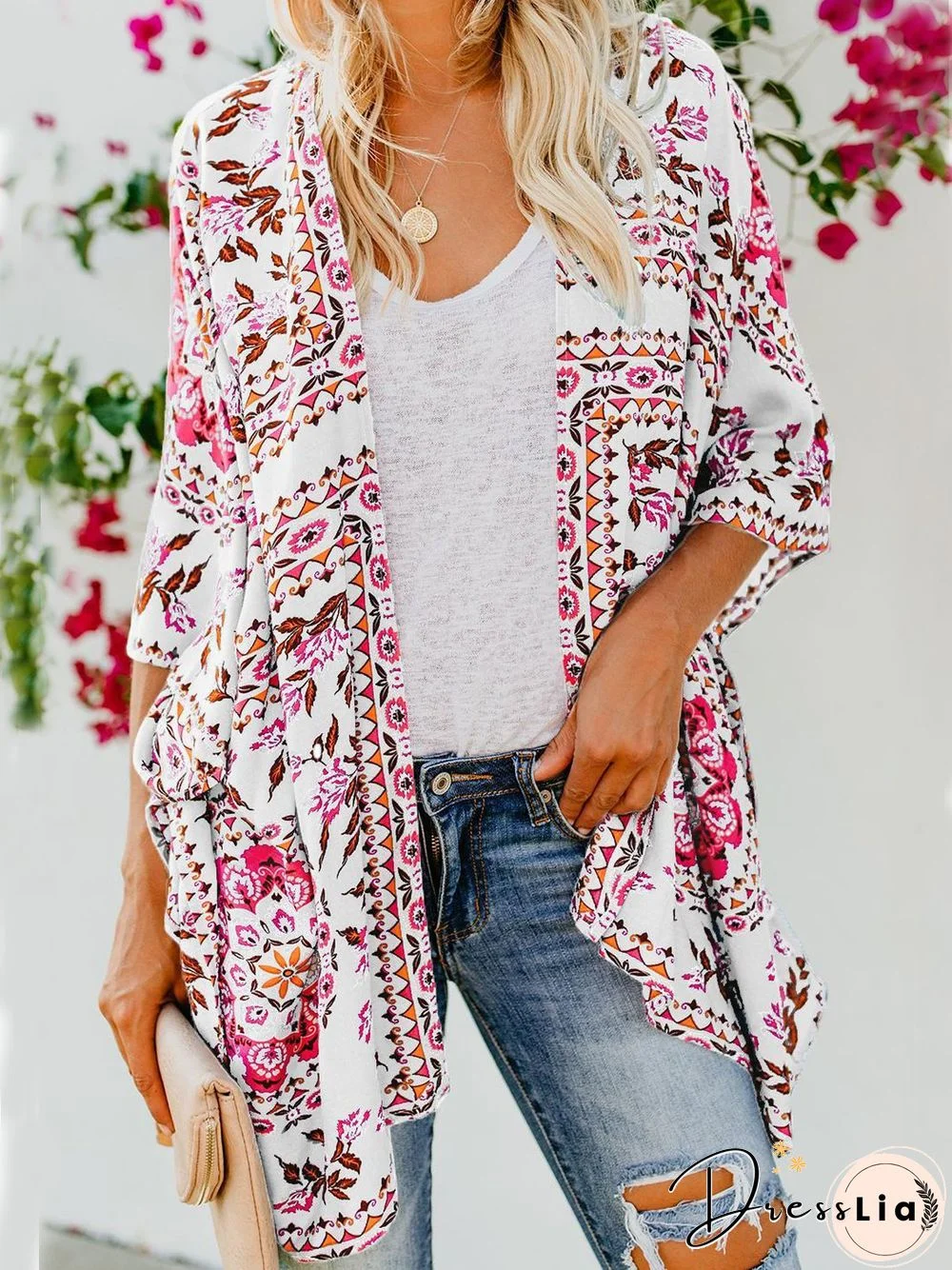 Boho Geometric Tribal Floral Collarless Off Shoulder Loosen Cardigan