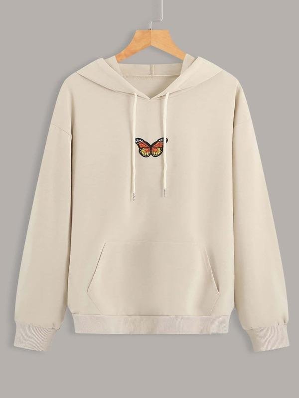 Butterfly Patched Kangaroo Pocket Drawstring Hoodie
