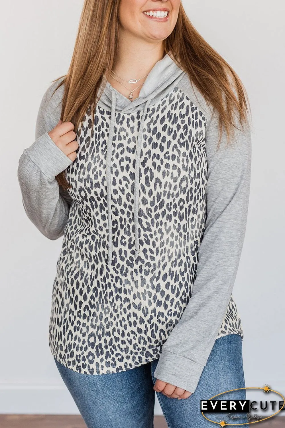 Plus Leopard Contrast Hood Long Sleeve Hoodie