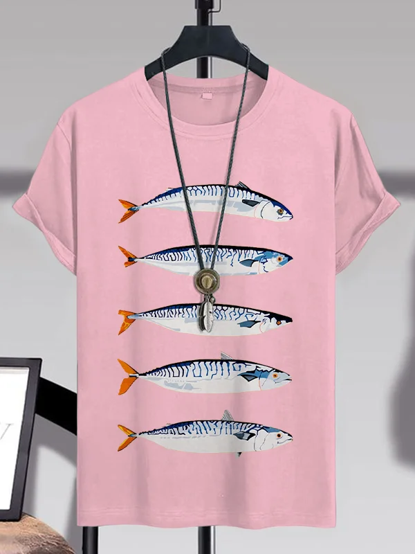 100% Cotton Men's Retro Sardines Art Print Casual T-Shirt