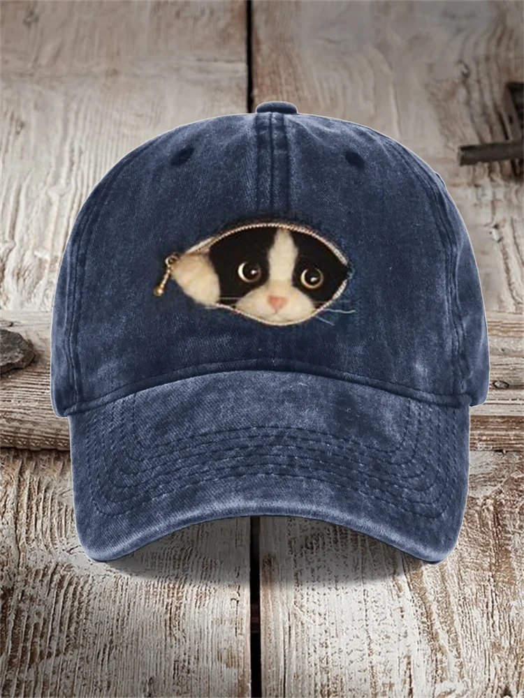 VChics Peeking Cat Felt Art Zipper Washed Cap