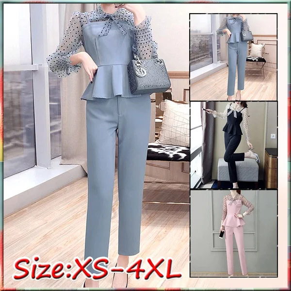 Office Fashion Two Piece Pants Sets Outfits Women Bow Dot Print Patchwork Tunics Tops + Pants Suits Korean Workwear Sets