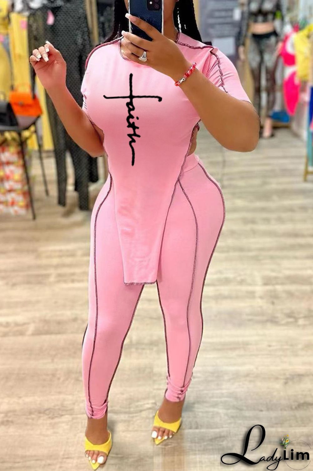 Pink Fashion Casual Print Asymmetrical O Neck Short Sleeve Two Pieces