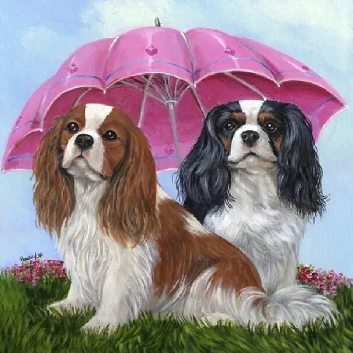 Diamond Painting - Full Round Drill - Dogs Under Umbrella(Canvas|40*40cm)
