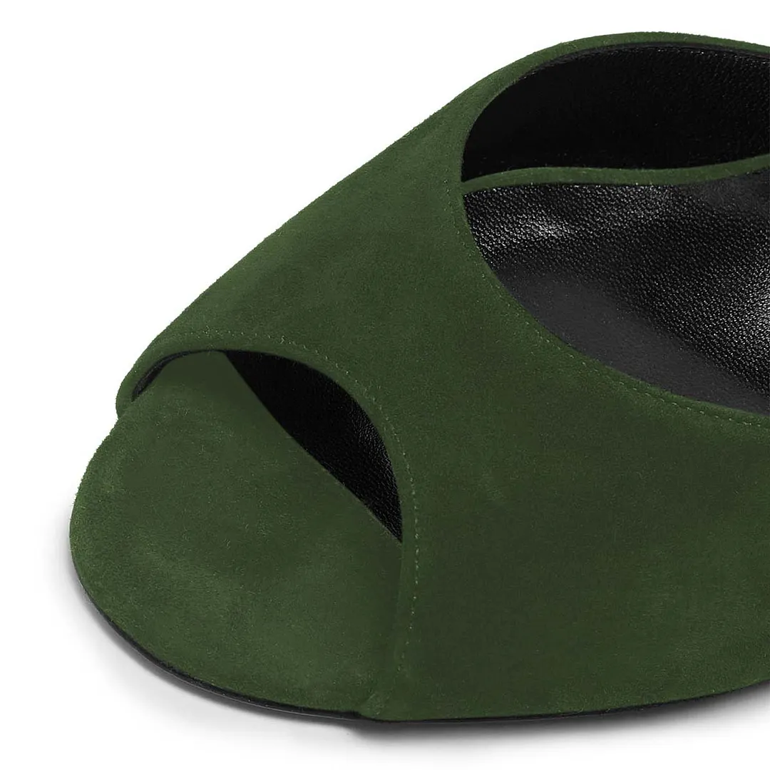 Vegan Suede Peep Toe Rhinestone Decorative Heel Slide Sandals in Green