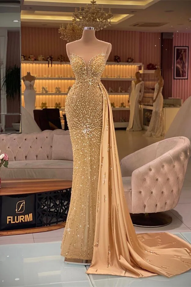 Miabel Vintage Gold Sweetheart Mermaid Sleevelss Evening Dress Ruffle With  Rhinestone Beadings