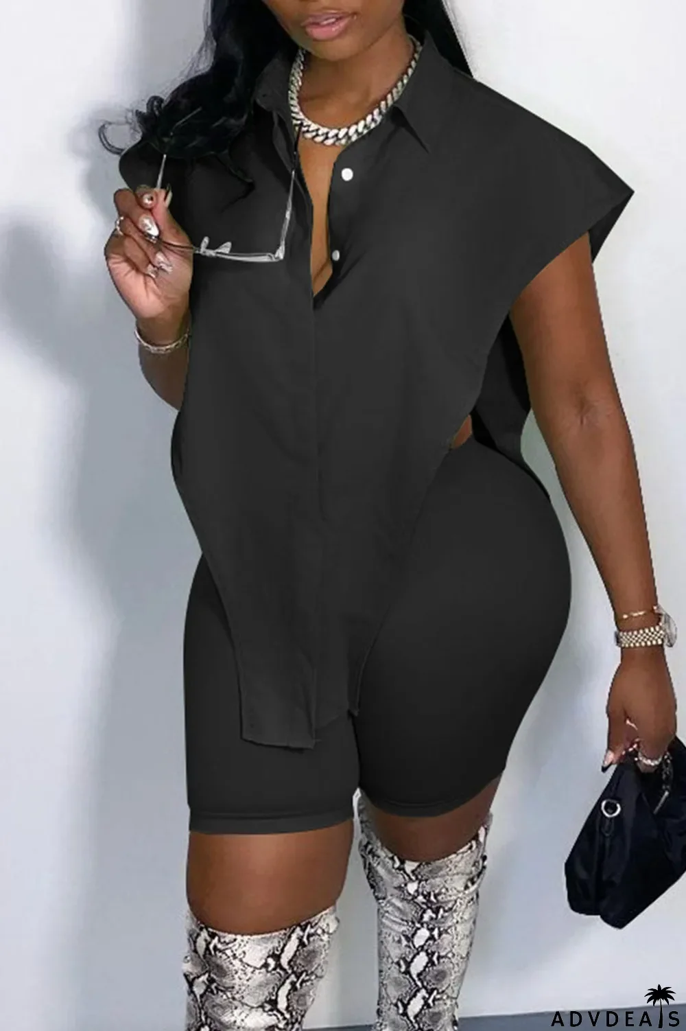 Green Sexy Street Solid Split Joint Buckle Asymmetrical Turndown Collar Sleeveless Two Pieces