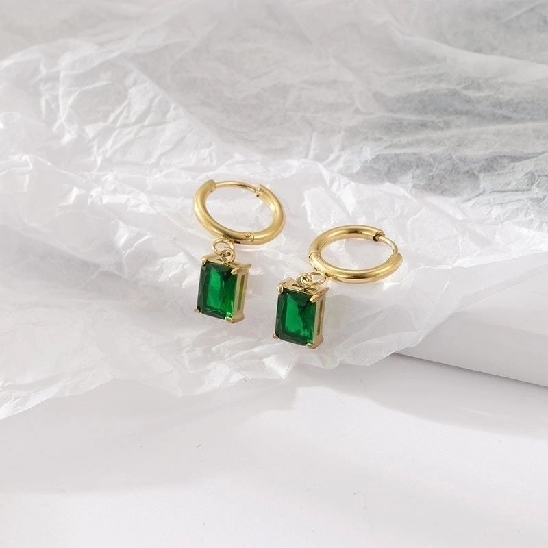1 Pair Retro Round Square Inlay 304 Stainless Steel Zircon Gold Plated Drop Earrings