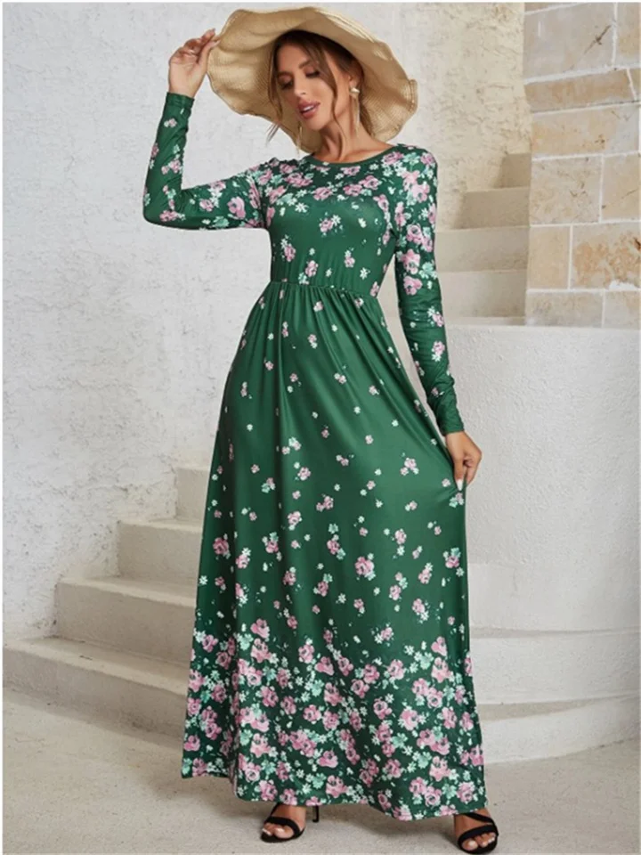 Printed Round Neck Long Sleeve Dress | 168DEAL