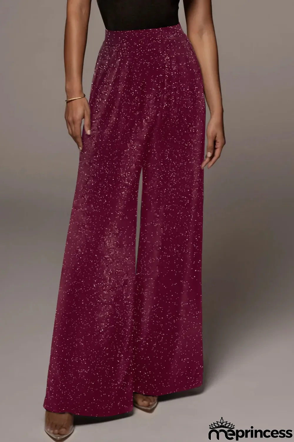 Burgundy Casual Sportswear Solid Sequins Fold Without Belt Regular Mid Waist Straight Bottoms