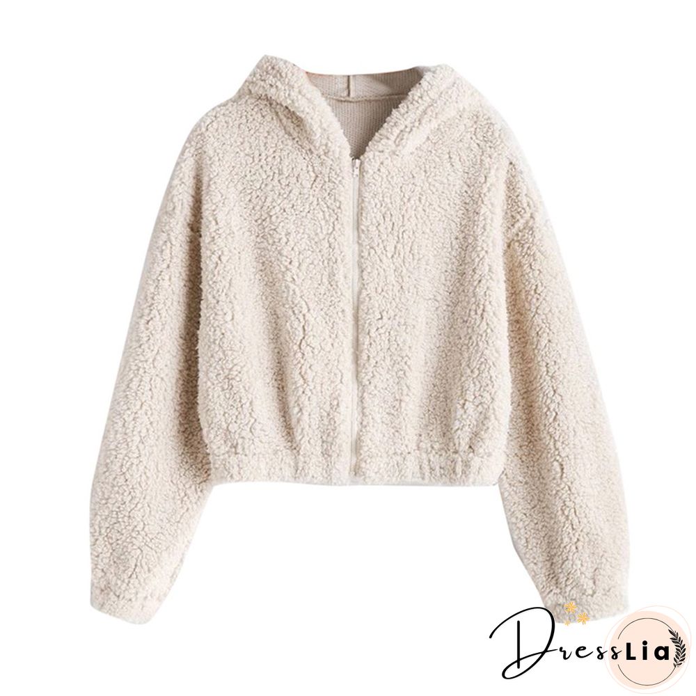 Women Sweatshirt Solid Zipper Long Sleeve Fluffy Plush Sweatershirt Hoodie Tops Women's Hoodie