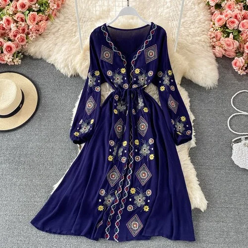 2023 New Spring Summer Vintage ethnic V-Neck long sleeve Dress high waist lace up waist embroidery mid-length A-line Dress