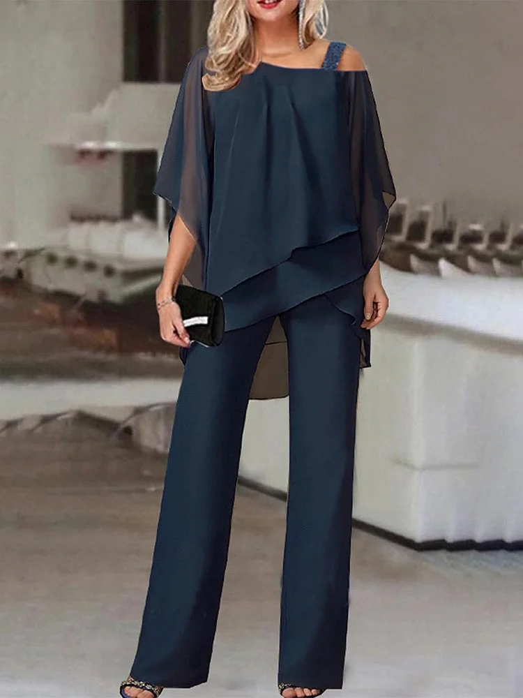 Women's Half Sleeve One Shoulder Solid Color Two-Piece Set
