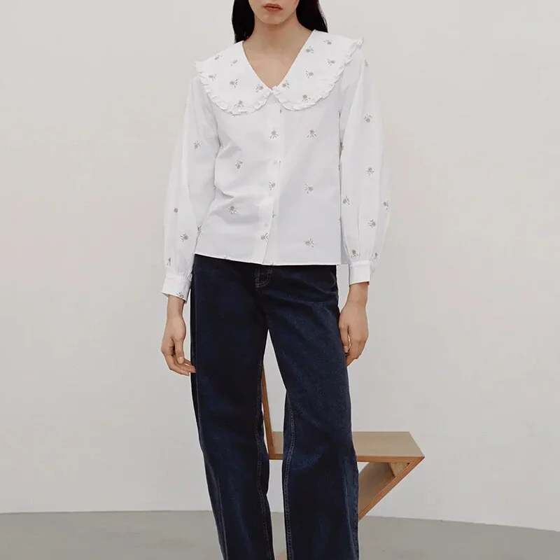 Za Women's Blouses Floral Shirts Embroidery Blusas Mujer White Long Sleeves Cute Peter Pan Collar Blouse Casual Chic Thin Spring