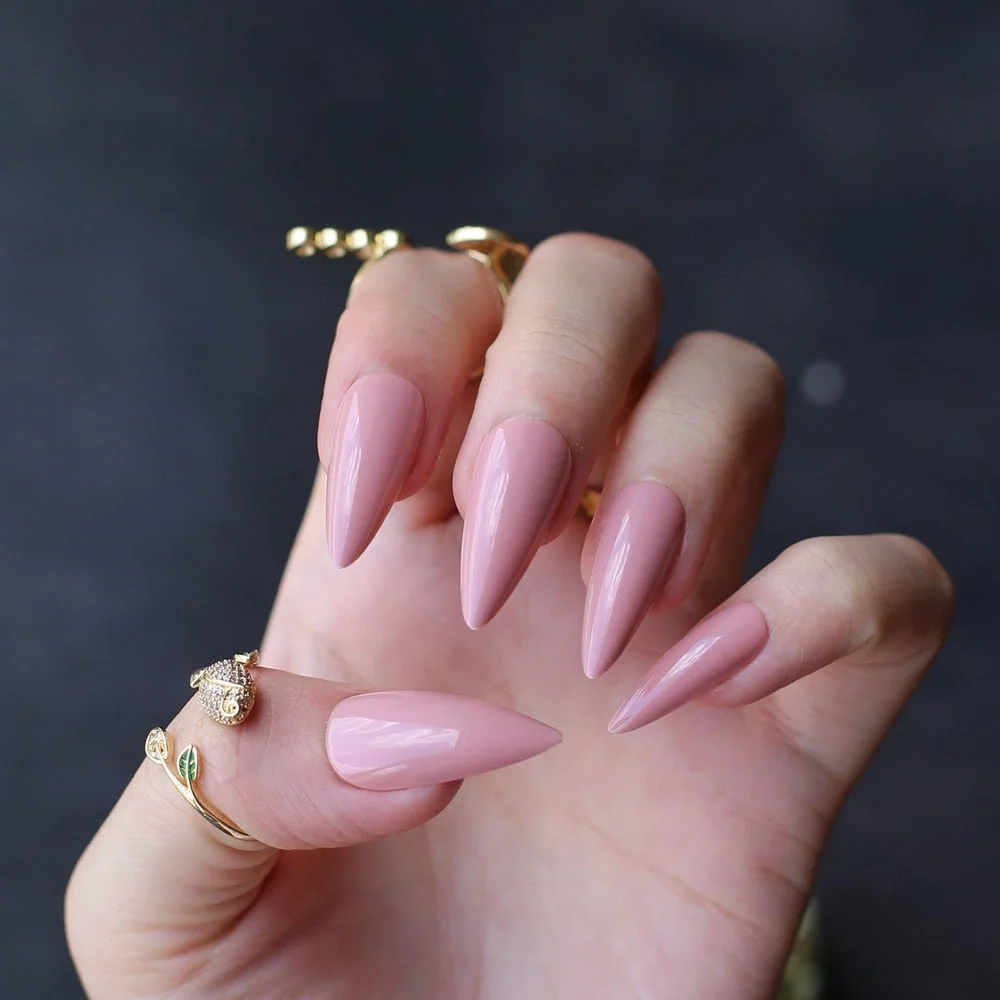 long shiny fake nails brick clour Stiletto glossy false nails Long almond salon art false nails nude Middle length-Nail Inspo