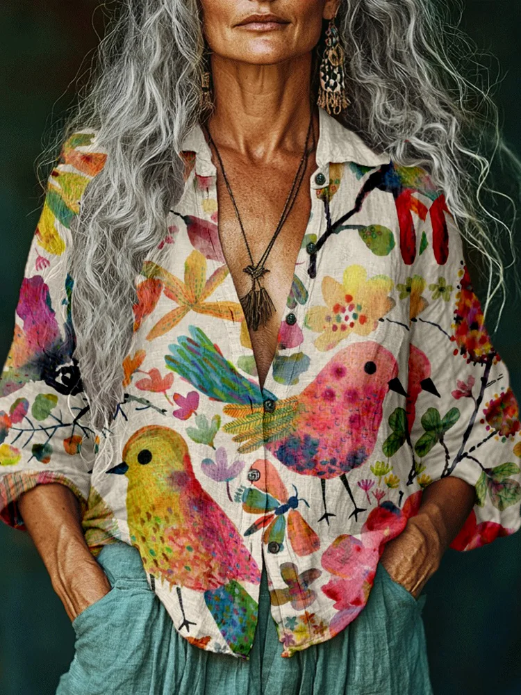 Vintage Colorful Bird & Flower Linen Blend Cozy Blouse