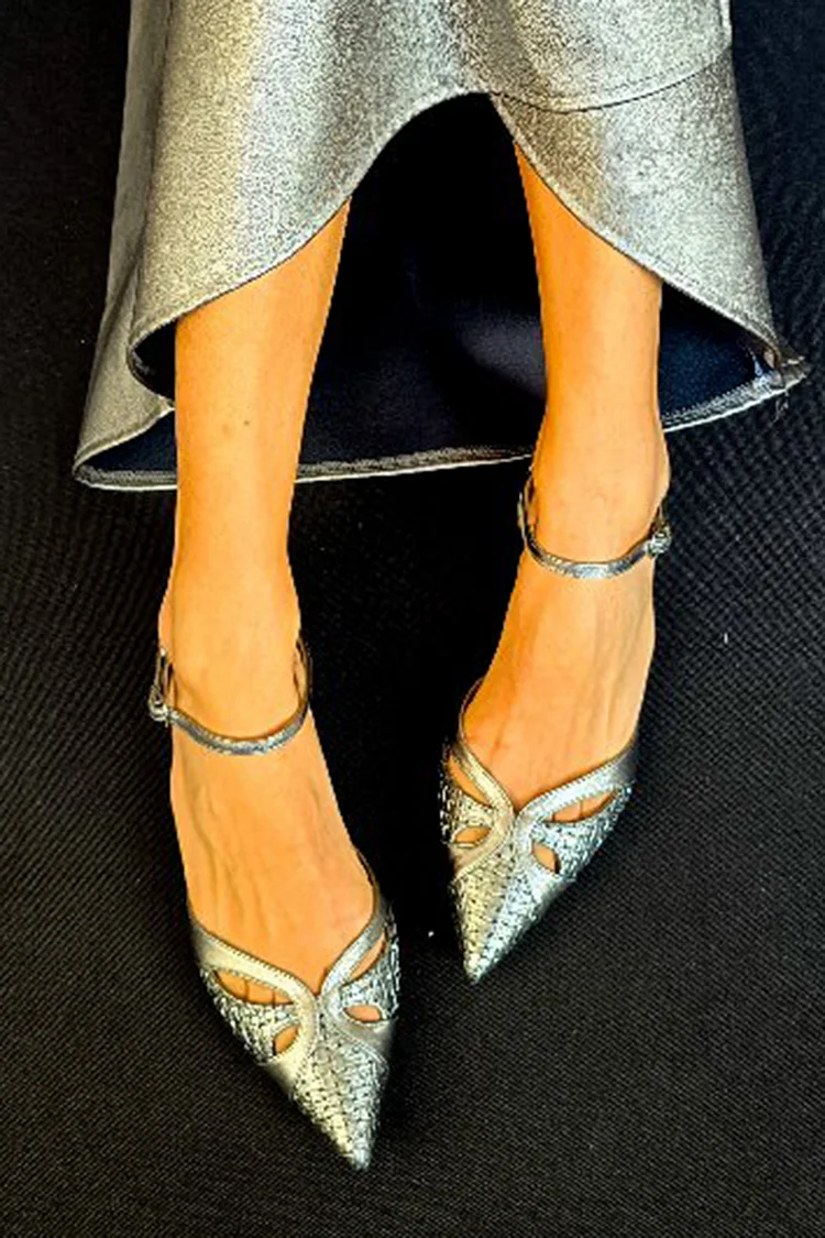 Hollow Out Woven Ankle Strap Buckle Pointed Toe Silver Flats [Pre Order]