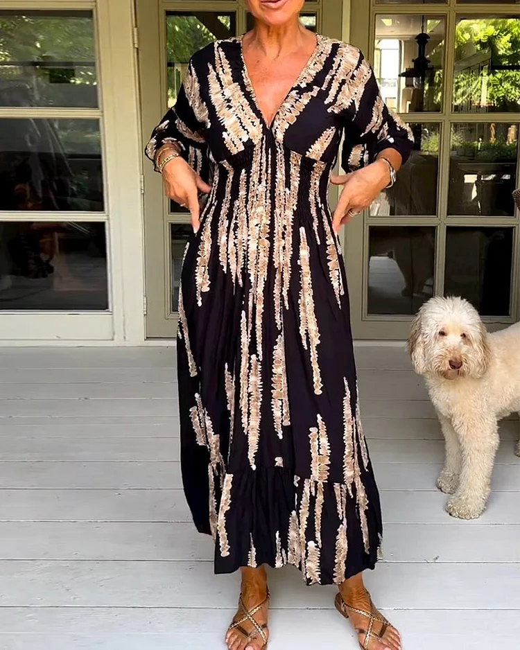 V-Neck Bell Sleeve Printed Dress