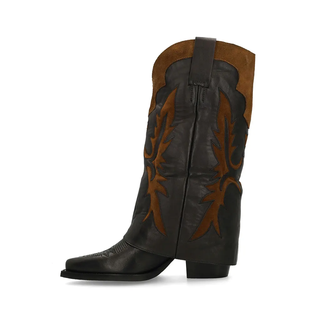 Fold Over Brown & Black Patchwork Pull On Pointed Toe Cowgirl Boots