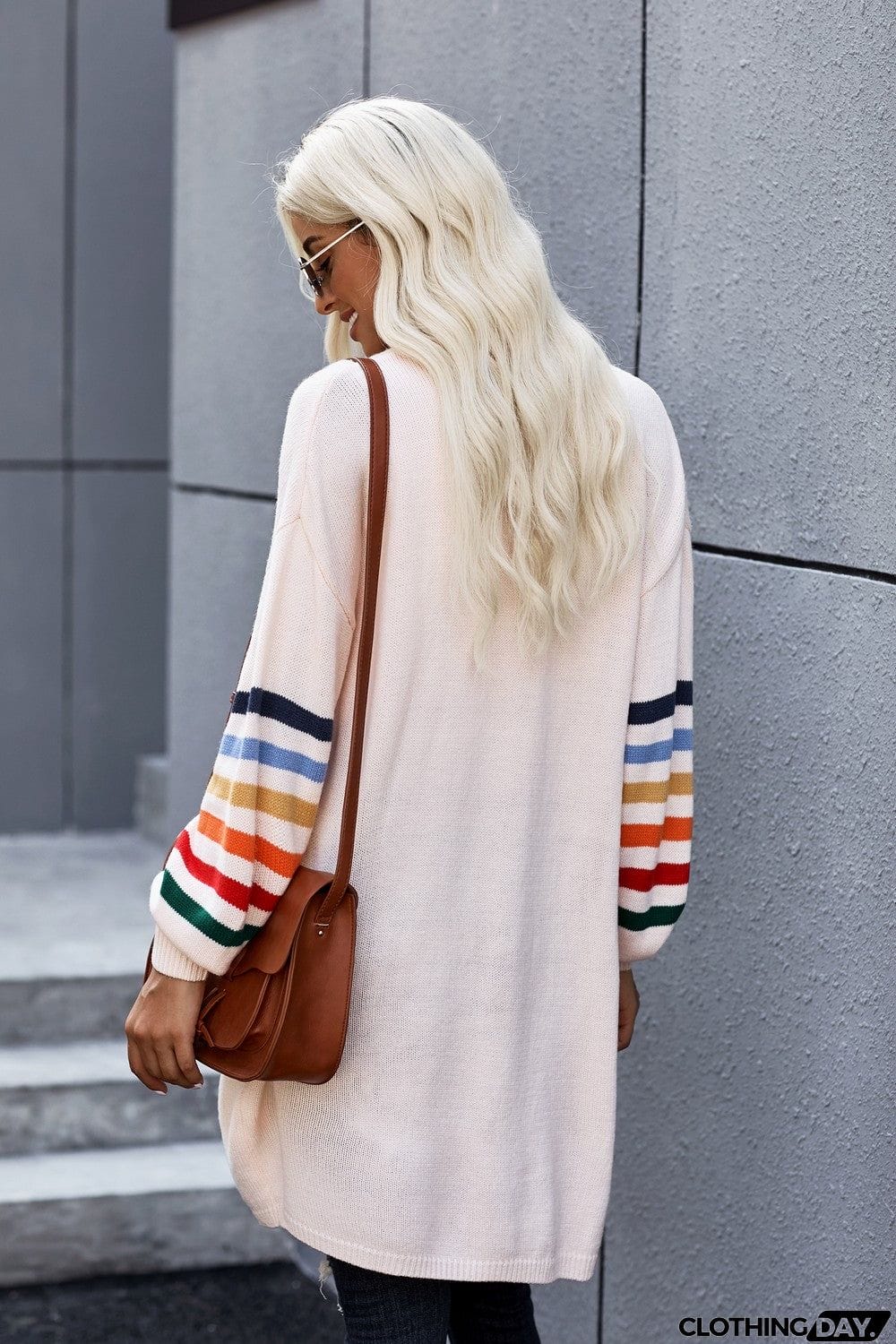 Pink Striped Balloon Sleeve Cardigan
