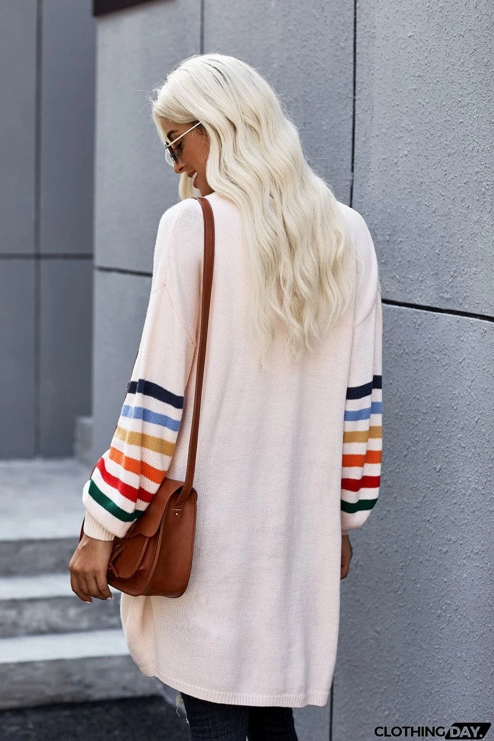 Pink Striped Balloon Sleeve Cardigan