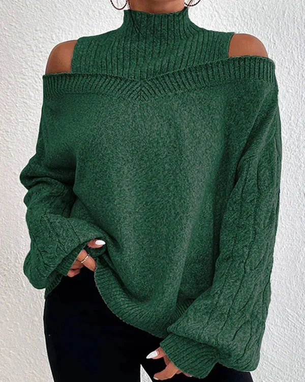Solid Color Turtleneck Cutout Off Shoulder Long Sleeve Loose Casual Sweater socialshop