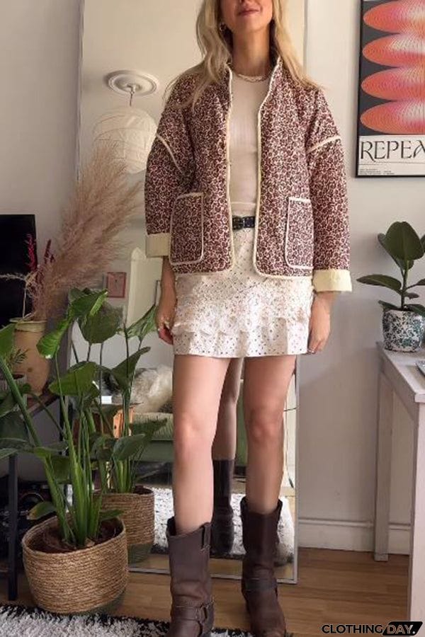 Floral Print Pocket Contrast Concealed Button Cotton Coat