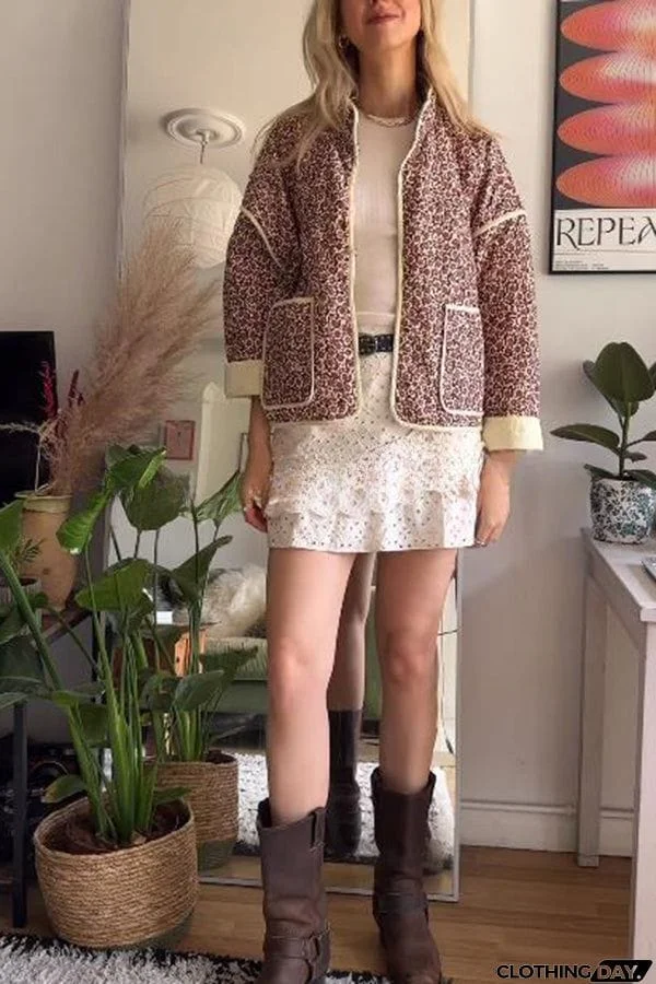 Floral Print Pocket Contrast Concealed Button Cotton Coat