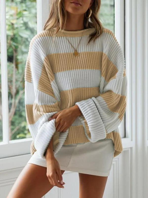 Women's Scoop Neck Long Sleeve Striped Stitching knit Top