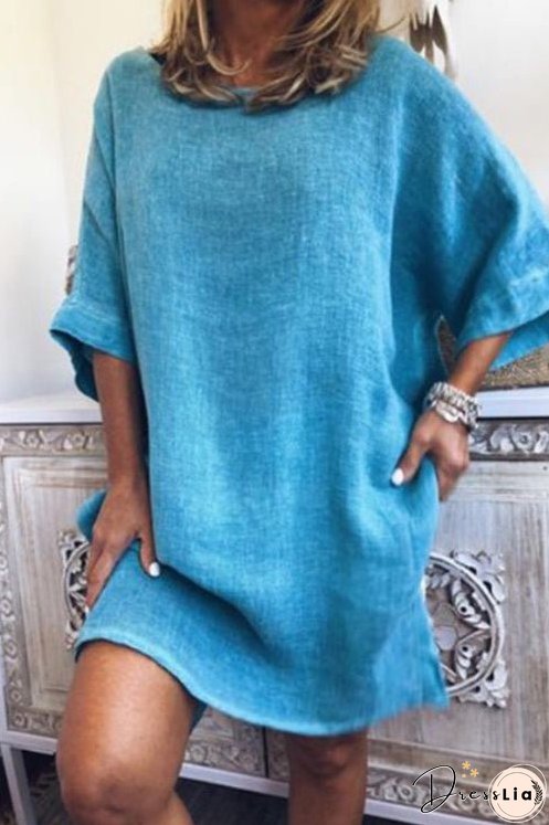 Meridress Half Sleeve Side Split Cotton Linen Dress