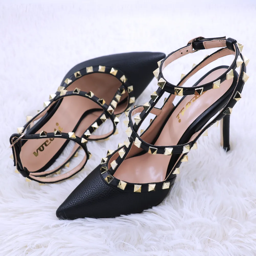3.94" Middle Heels Rivets Sandals Black Lines-vocosishoes