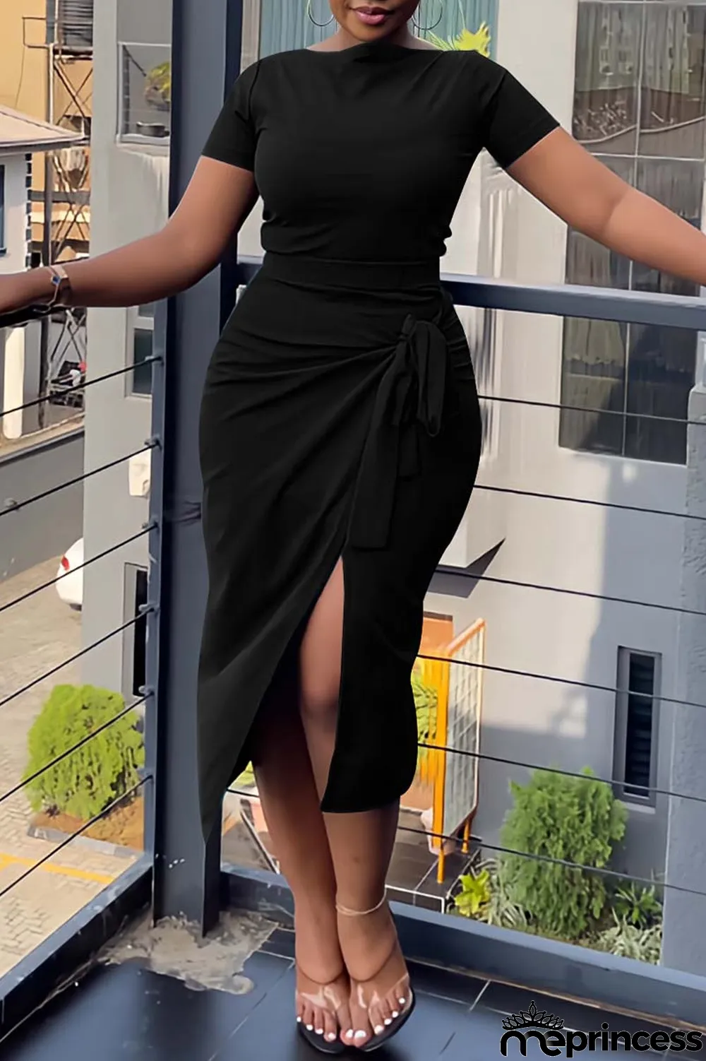 Green Casual Solid Bandage Slit O Neck Short Sleeve Two Pieces