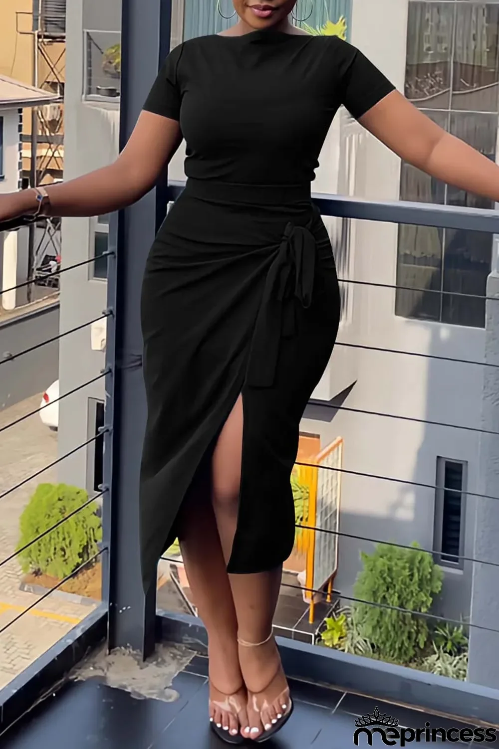 Green Casual Solid Bandage Slit O Neck Short Sleeve Two Pieces