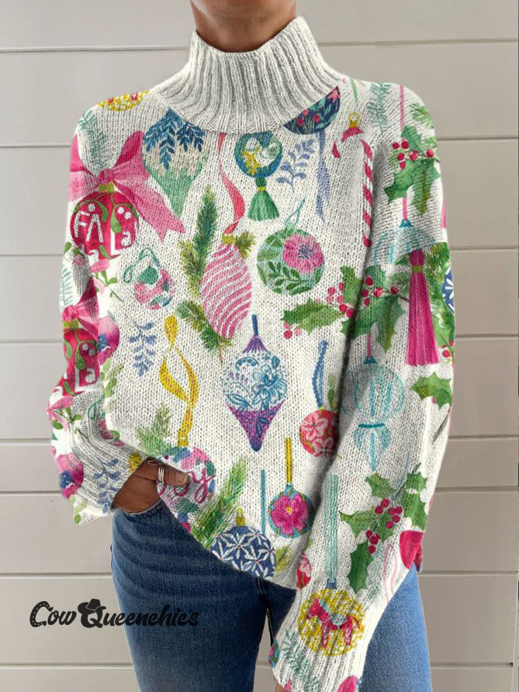 Christmas Decoration Vintage Print Knit Turtleneck Pullover Sweater Multicolor / S